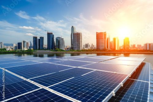 Solar panel array with a city skyline in background, showcasing the integration of renewable energy sources within urban environments, generative AI