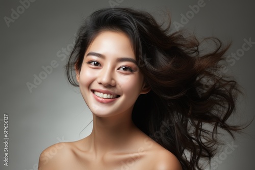 Beautiful Asian woman touching tender cheeks with clean and fresh skin Happy and cheerful with positive emotions, isolated on white background, beauty cosmetic and spa treatment.