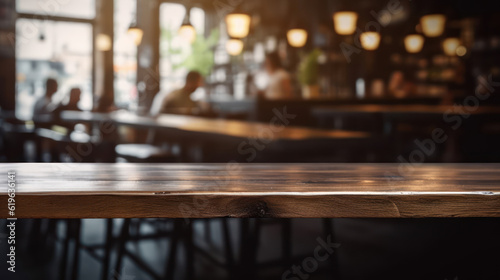 The dark wood table in the cafe with a blurred background