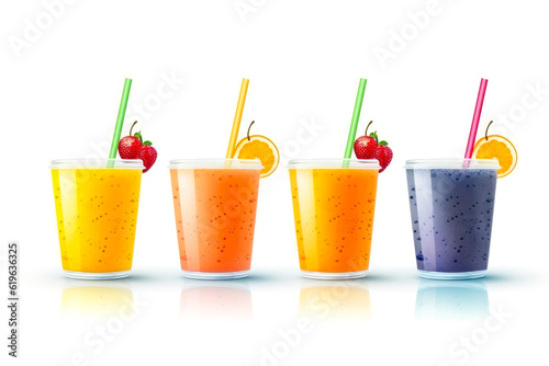Fruit smoothies fruits orange juice drink straw in a cup, isolated on white, generative ai