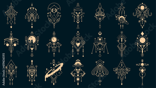 Sacred geometric symbols with animal, moon, eye, arrows, dreamcatcher and etc. Gold abstract mystical magic signs collection set. Vector illustration