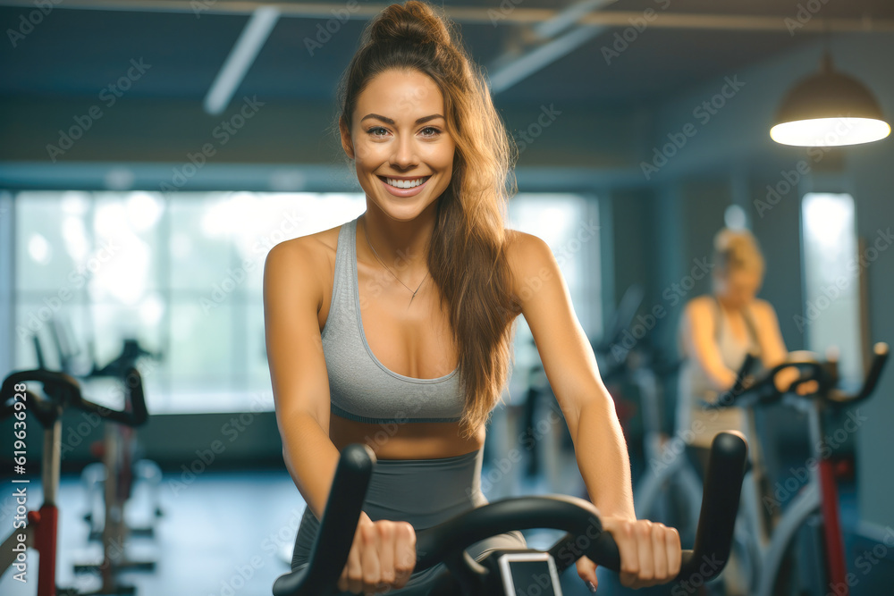 Fototapeta premium Woman on stationary exercise bike, maintaining a healthy lifestyle, focused on exercises, generative ai