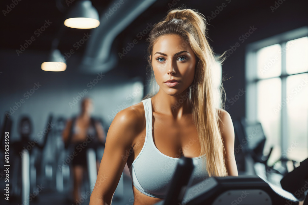Very attractive woman on stationary exercise bike, maintaining a healthy lifestyle, focused on exercises, generative ai
