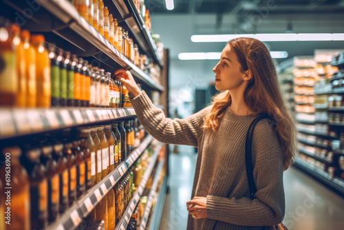 Woman comparing products in a grocery store, considering nutrition, prices, and ingredients, demonstrating informed consumer behavior, generative ai