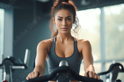 Woman on stationary exercise bike, maintaining a healthy lifestyle, focused on exercises, generative ai