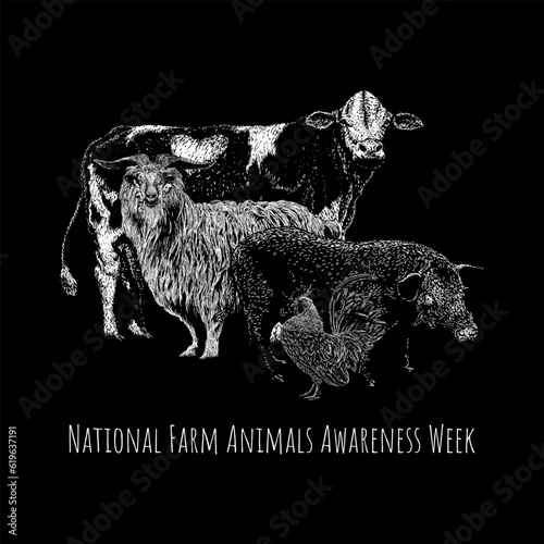 National Farm Animals Awareness Week hand drawing vector isolated on black background.