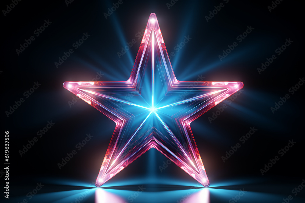 Neon bunter Stern mit Lichteffekten auf dunklem Hintergrund. Querformat. Generative Ai. Neon bunter Stern mit Lichteffekten auf dunklem Hintergrund. Querformat. Generative Ai.