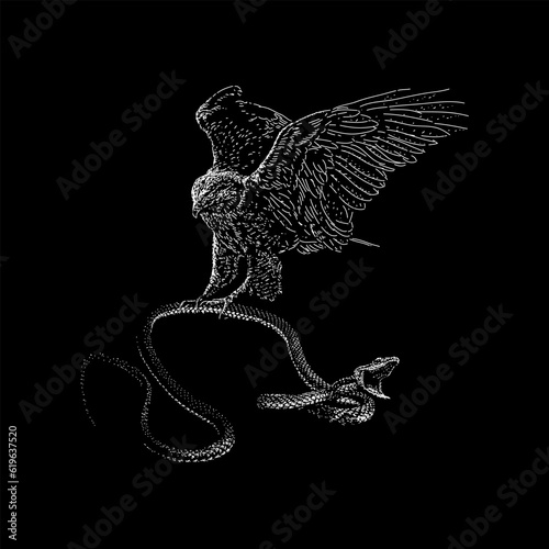 hawk and snake hand drawing vector isolated on black background.