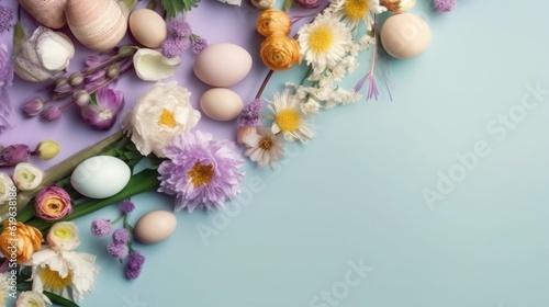 Happy Easter Day with colorful eggs and flowers on pastel background