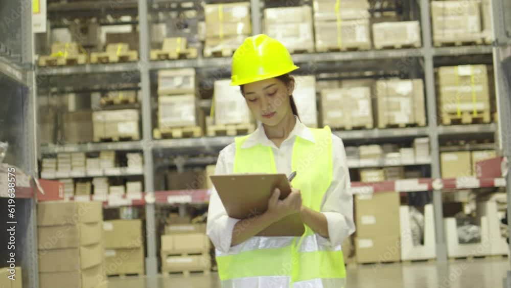 Young female warehouse worker in uniform doing stocktaking of products management in cardboard box on shelves in warehouse using clipboard file and pen, business export
Young female warehouse worker in uniform doing stocktaking of products management in cardboard box on shelves in warehouse using clipboard file and pen, business export