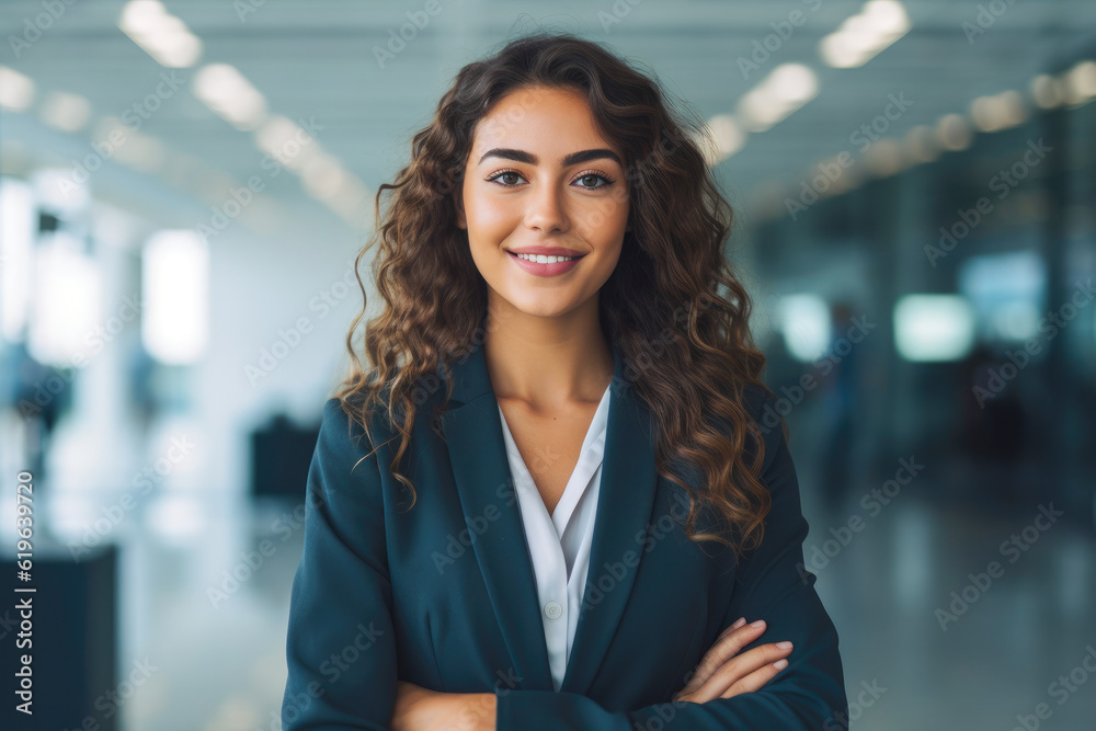 Hispanic woman executive portrait in a modern office setting, dressed in formal business attire, radiating leadership and success, generative ai Hispanic woman executive portrait in a modern office setting, dressed in formal business attire, radiating leadership and success, generative ai