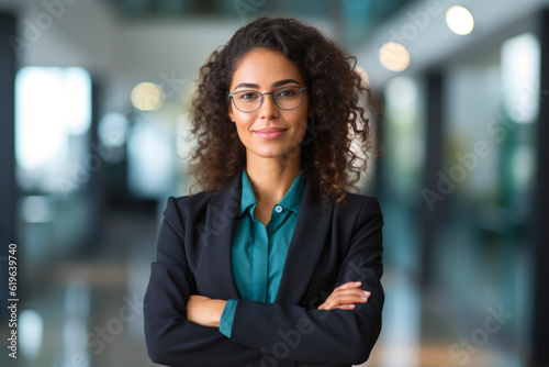 Hispanic woman executive portrait in a modern office setting, dressed in formal business attire, radiating leadership and success, generative ai