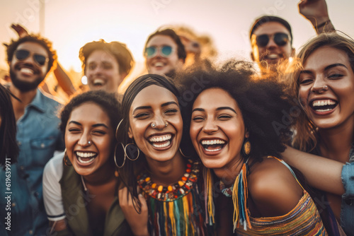 Diverse group of friends enjoying a music festival, embodying the energy and vitality of live concert fun, generative ai