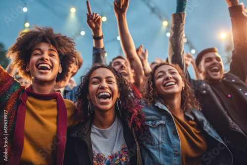 Diverse group of friends enjoying a music festival, embodying the energy and vitality of live concert fun, generative ai