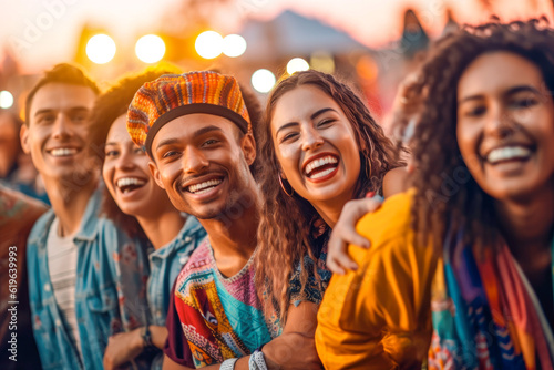 Diverse group of friends enjoying a music festival, embodying the energy and vitality of live concert fun, generative ai