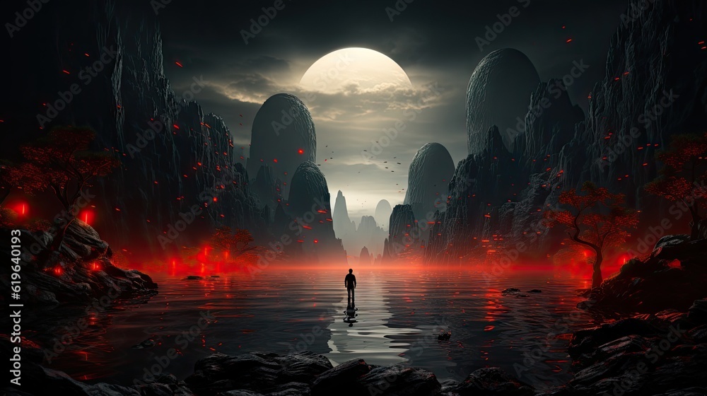 A Digital Art Image Exhibiting a Dark Silver Mountain Background - Accented with Crimson and Black, and Highlighted by an Enigmatic Orange Light - Wallpaper created with Generative AI Technology