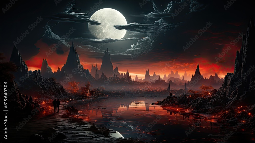 A Digital Art Image Exhibiting a Dark Silver Mountain Background - Accented with Crimson and Black, and Highlighted by an Enigmatic Orange Light - Wallpaper created with Generative AI Technology