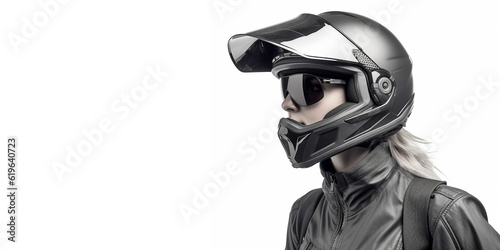 Portrait of a young woman in a motorcycle helmet and racing suit, close-up. Generative AI