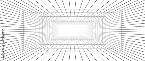 Wireframe grid room. 3d vanishing perspective background. Futuristic digital outline space. Black and white fading geometric design. Vector template illustration