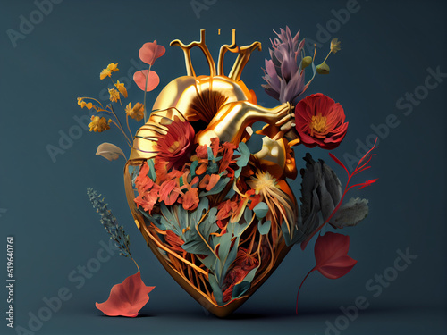 The human heart framed by fresh flowers and on a uniform background. Generative AI