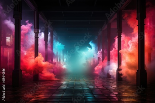 Colorful fog in a dark room background, AI generated