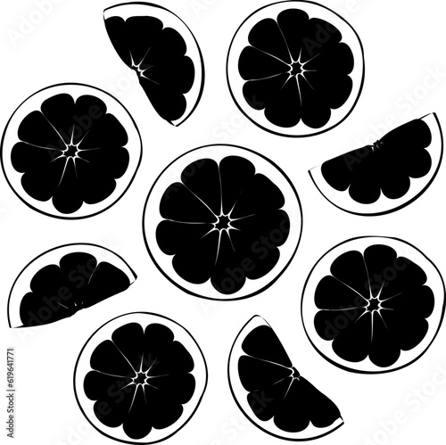 Vector shape of fresh orange slices. 
Vector illustration of fresh citrus cuts of nine orange pieces. Image of summer fruit salad of orange slices in vector. Illustrations of citrus tropical fruits.