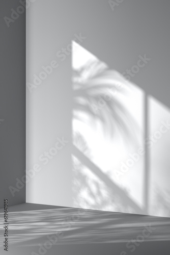 Fototapeta Naklejka Na Ścianę i Meble -  Monotone background wall with palm tree leaf
shadows. 3d rendering.