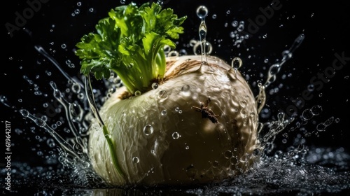 Turnip hit by splashes of water with black blur background