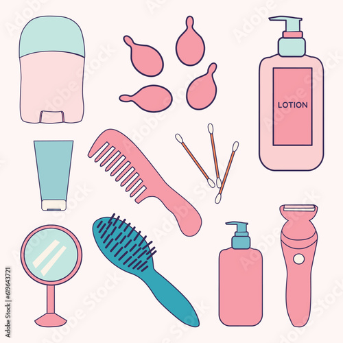 Set of Toiletries Object Simple Flat Line Illustration