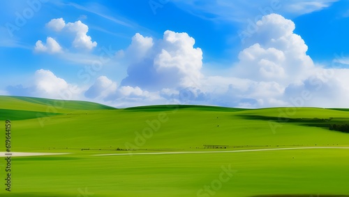 Spring Landscape - green field and blue sky - ai generated