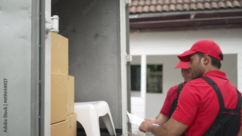 Delivery man move items to the house. Delivery man move items to the house.