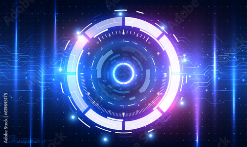 Futuristic Sci-Fi glowing HUD frame. Hologram hi-tech background. Digital Ai big data technology. Virtual reality technology innovation. Digital HUD GUI UI. Neon effect on circuit board. Vector EPS10.