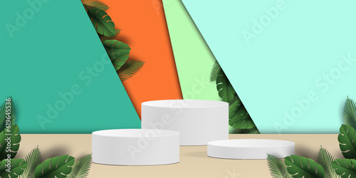 3d vector podium with leaves and colorfull background for mockup display