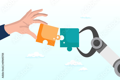 Businessman and AI robot hand connect jigsaw puzzle together, human and AI Artificial Intelligence working together, machine or automation to help or support work, solution or connect idea (Vector)