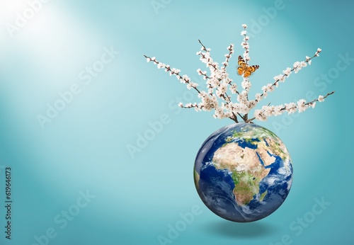 Fototapeta Naklejka Na Ścianę i Meble -  Tree growing on globe Earth on background