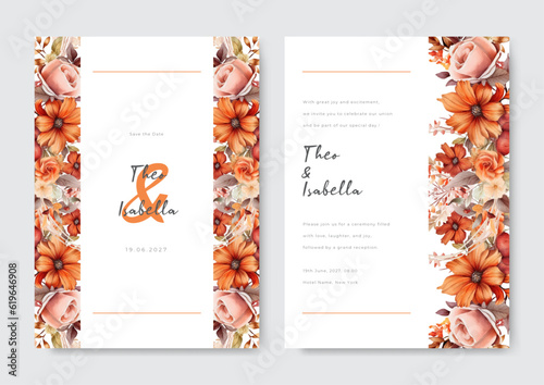 Arrangement of nude orange flowers and leaves at corner frame hand painting on wedding invitation card