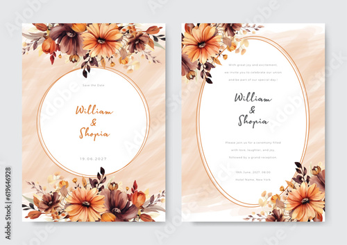 Arrangement of nude orange flowers and leaves at corner frame hand painting on wedding invitation card