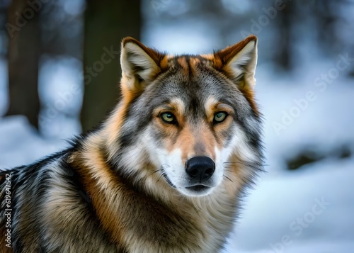 Portrait of a wolf, eyes ablaze with the moon's glow, fur echoes untamed wilderness, silent strength revealed