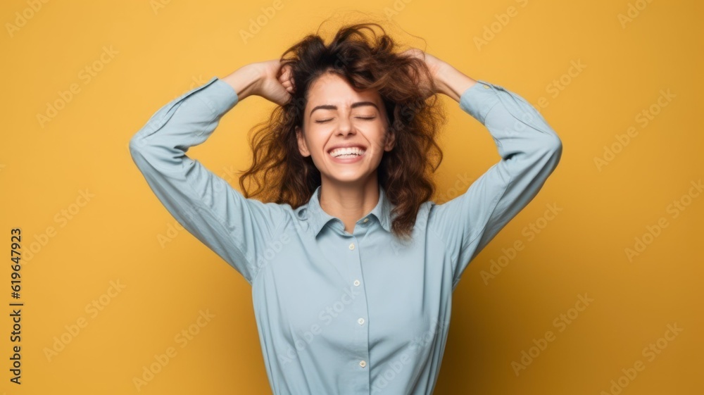 Portrait of a girl touching her hair and smiling. Isolated on plain background. Generative AI illustration.