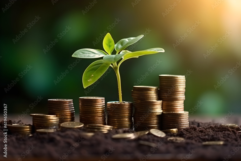 Rows of stack gold coins with tree growing on top over green background ...