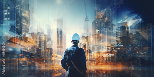 Future building construction engineering project devotion with double exposure graphic design. Building engineer  architect people or construction worker working with modern civil equipment technology