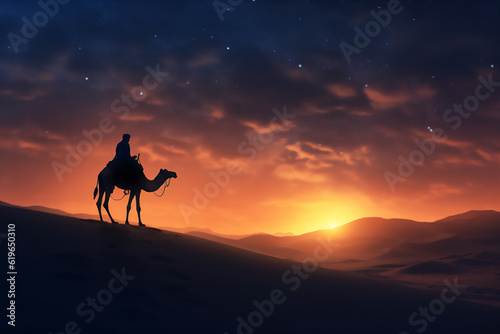 Fotografie, Obraz camels in the arabian desert in sunset, create using generative AI tools