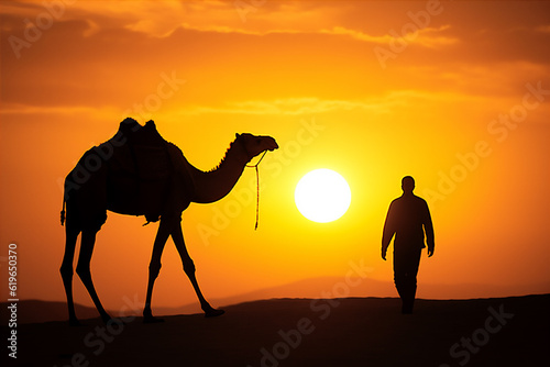 camels in the arabian desert in sunset  create using generative AI tools