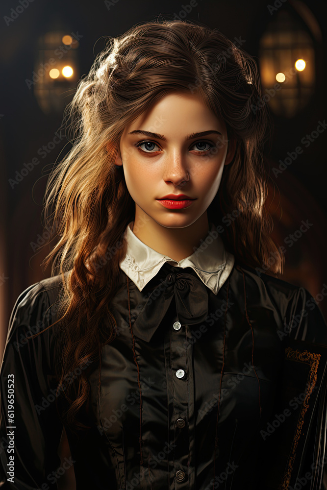 Portrait of a student of the school of magic. Fairyland, imagination. Fantasy novel cover template. Vertical illustration of Generative AI.