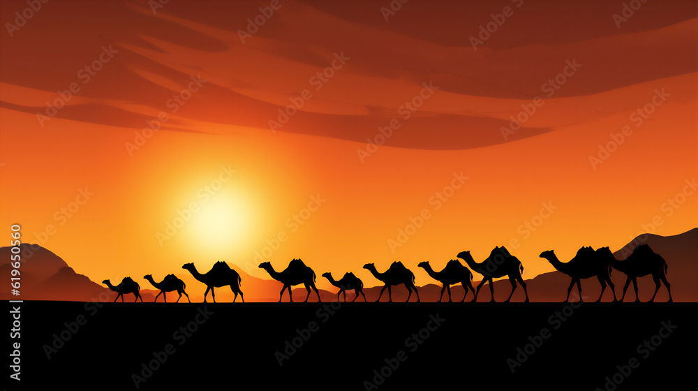 camels in the arabian desert in sunset, create using generative AI tools - obrazy, fototapety, plakaty 