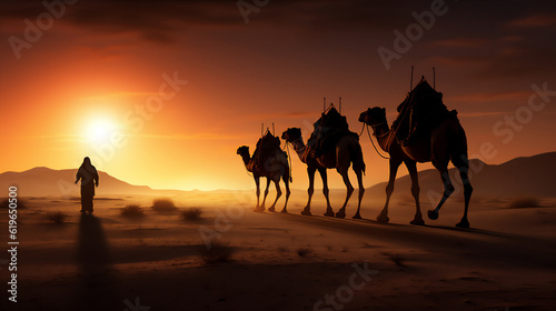 camels in the arabian desert in sunset, create using generative AI tools