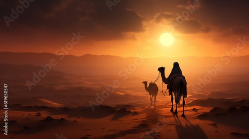 Photo camels in the arabian desert in sunset, create using generative AI tools