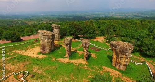 aerial view the stone sculpture on the high mountain Mor Hin Khao in Chaiyaphum province.
amazing stone standing in a line.
stone sculpture landmark in Chaiyaphum Thailand. stones background. photo