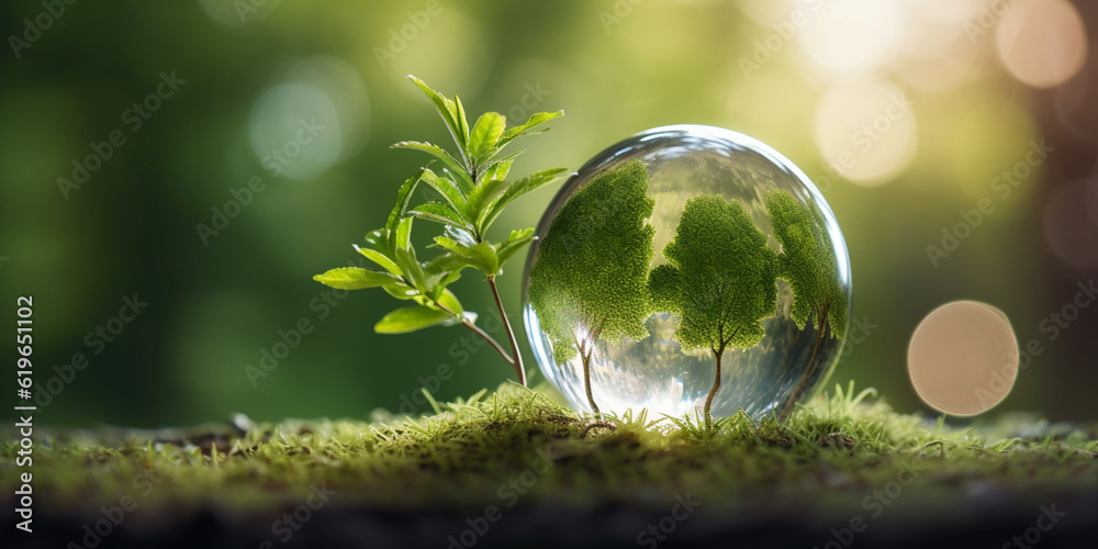Glass globe ball with tree growing and green nature blur background. eco earth day concept Glass globe ball with tree growing and green nature blur background. eco earth day concept