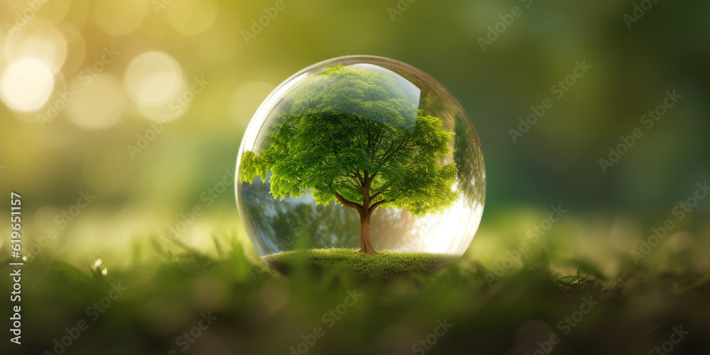 Glass globe ball with tree growing and green nature blur background. eco earth day concept Glass globe ball with tree growing and green nature blur background. eco earth day concept